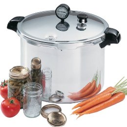 pressure canner with jars, lids, and vegetables