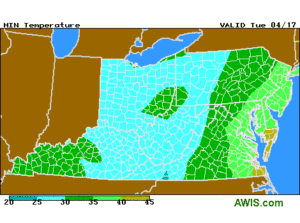 Cover photo for Frost Potential in Colder Areas of Central Virginia on Tuesday Morning (5:45pm, Mon., April 16, 2018)