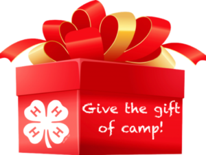 clipart of red gift box with gold and red bow and 4-H clover 