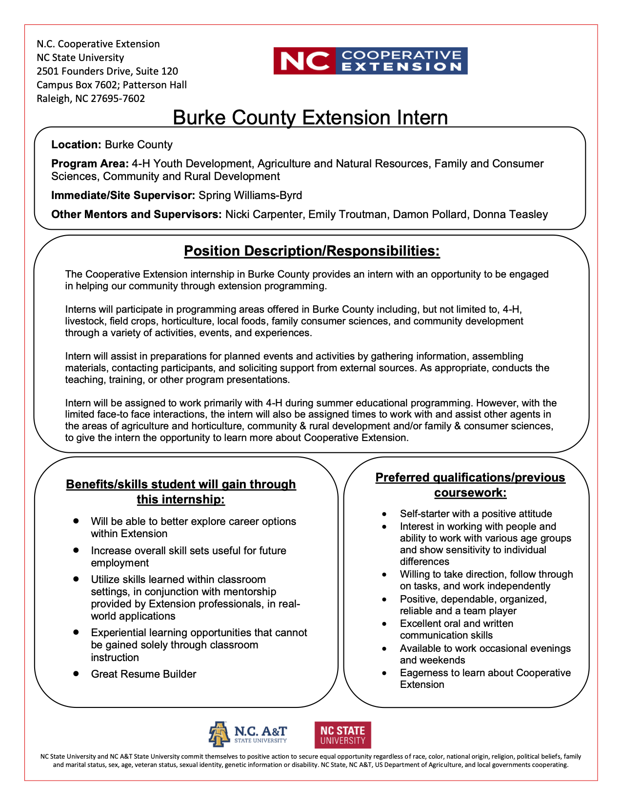 Burke County Extension Intern job description