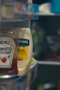 condiments in a refrigerator