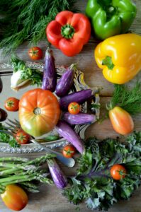 eggplant, tomatoes, peppers